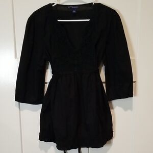 Bandolinoblu Black Dress With Applique and Peasant Sleeves 100% Cotton size M